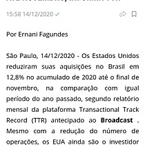 Estados Unidos reduzem aquisies no Brasil em 12,8% at novembro, informa TTR